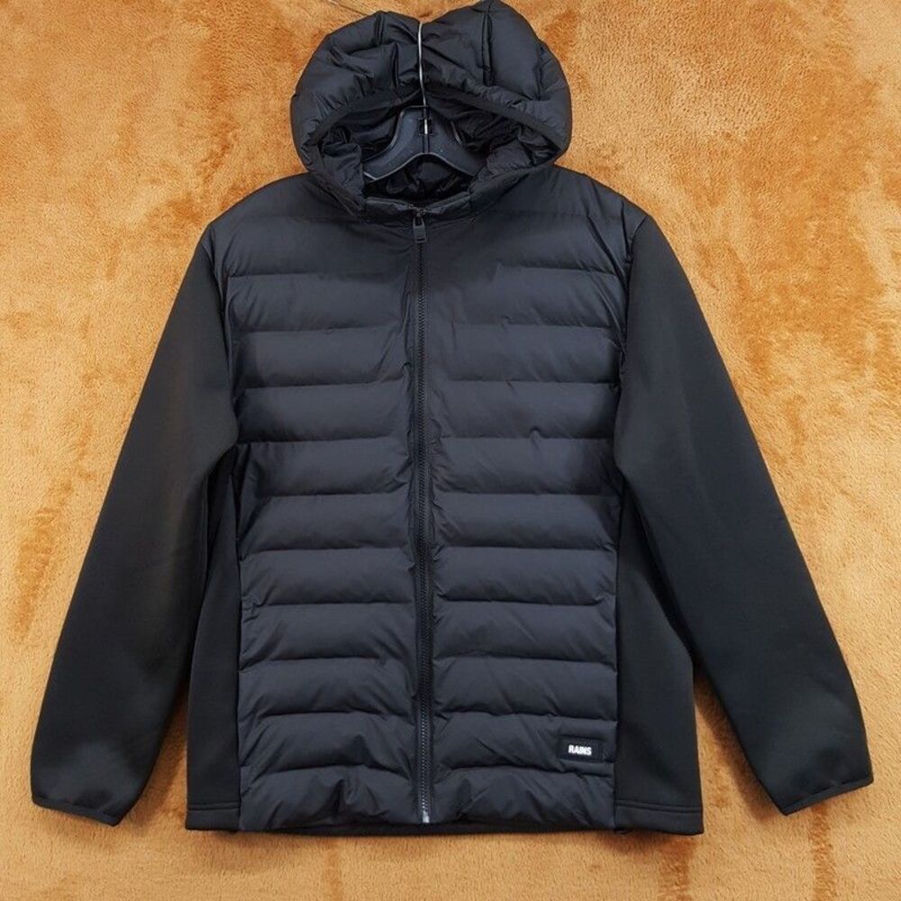 RAINS Puffer Jacket Medium Black Zip Up Hooded Safi Fleece Hybrid $250